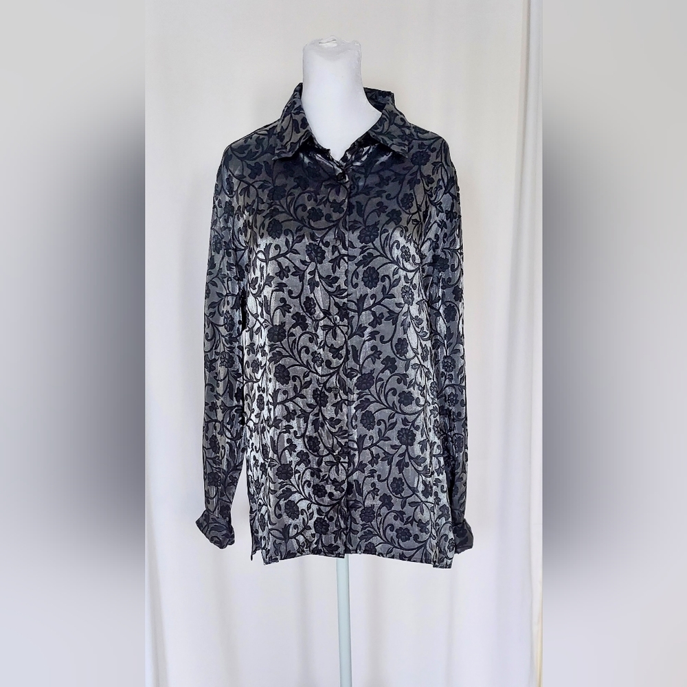 Kathie Lee Collection Long Sleeve Button Down Shirt Size Large Gray Floral